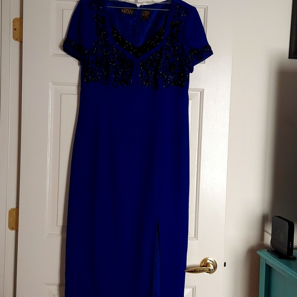 Liz Claiborne "NIGHT" black beaded brillant blue formal gown